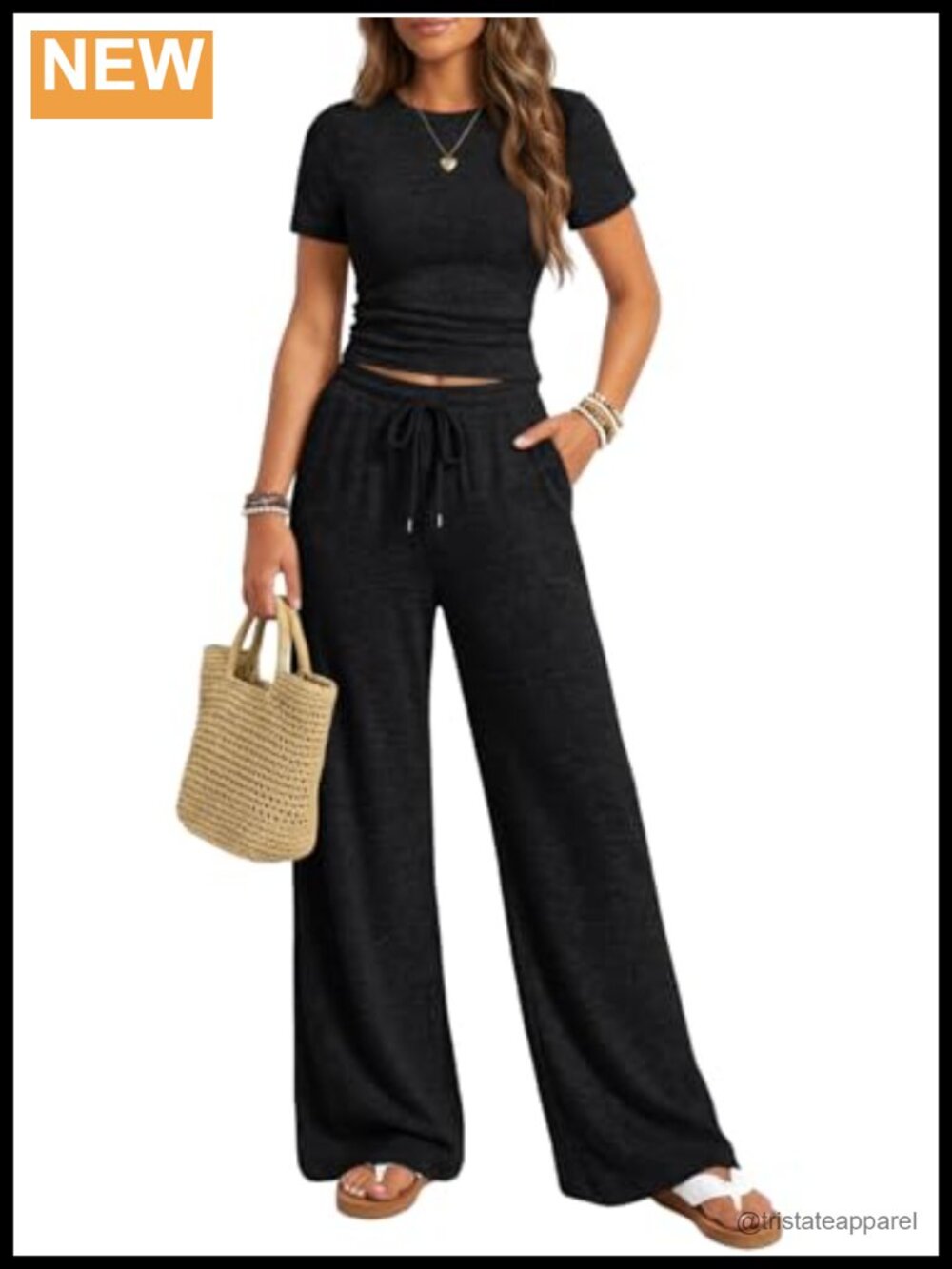 Women's 2 Piece Lounge Set Crew Neck Tee Wide Leg Pants Pockets Polyester